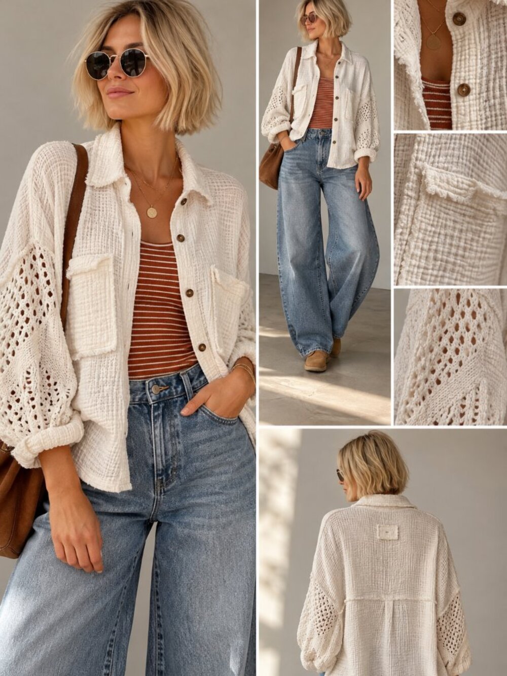 POL Cotton Gauze Crochet Sleeve Oversized Shacket M Ivory Lagenlook